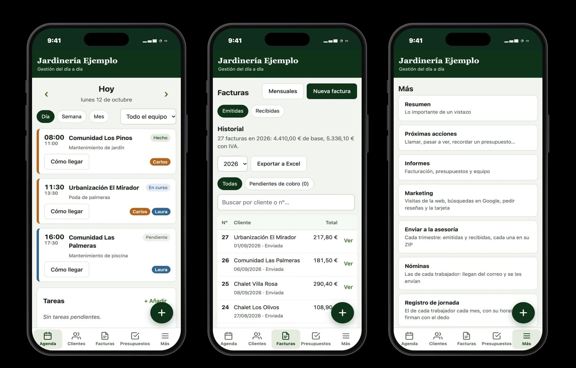 Tres pantallas de la app en el móvil: agenda del día, facturas y menú de gestión (datos de ejemplo)