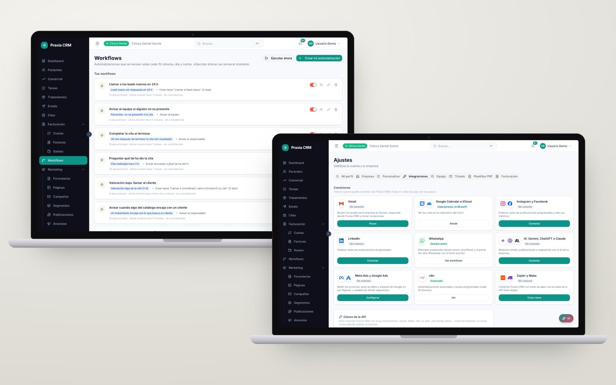 Workflows y panel de integraciones con sus conexiones