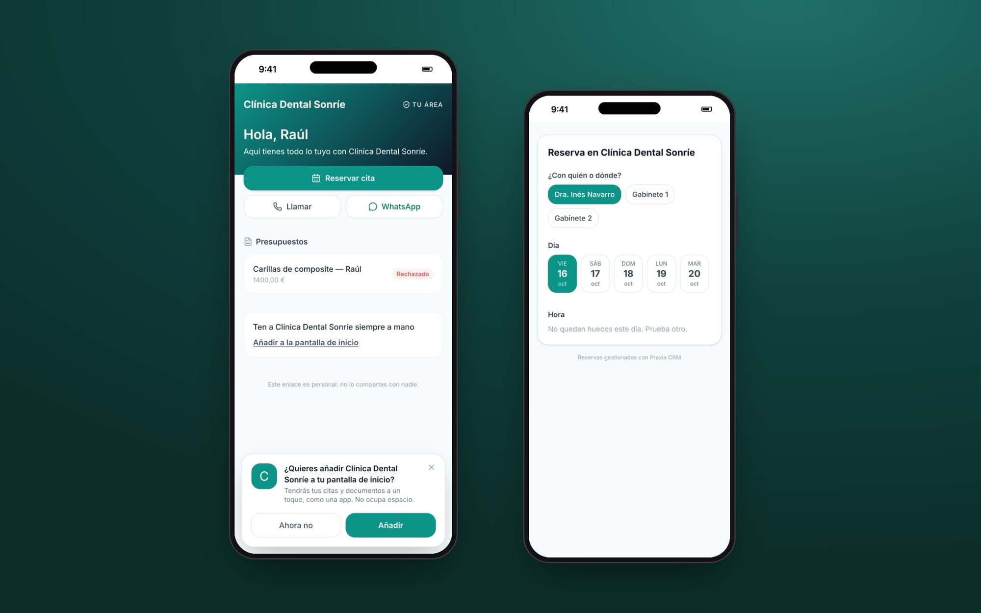 Portal del cliente y página de reserva en el móvil (datos de ejemplo)